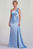 Blue Mermaid One Shoulder Appliqued Satin Mother of the Bride Dress with Slit