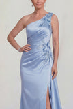 Blue Mermaid One Shoulder Appliqued Satin Mother of the Bride Dress with Slit
