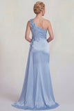 Blue Mermaid One Shoulder Appliqued Satin Mother of the Bride Dress with Slit