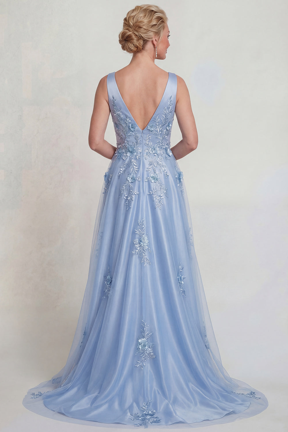 Zapaka Women Blue Flower Appliqued Mother of the Bride Dress V Neck