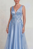 Blue Flower Appliqued V Neck Satin A Line Mother of the Bride Dress