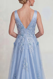 Blue Flower Appliqued V Neck Satin A Line Mother of the Bride Dress