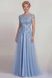 Blue Satin A Line Appliqued Lace Mother of the Bride Dress with Sleeve