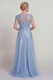 Blue Satin A Line Appliqued Lace Mother of the Bride Dress with Sleeve