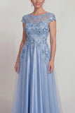 Blue Satin A Line Appliqued Lace Mother of the Bride Dress with Sleeve