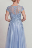 Blue Satin A Line Appliqued Lace Mother of the Bride Dress with Sleeve