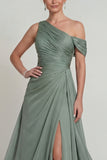 Dusty Sage One Shoulder A Line Ruched Chiffon Mother of the Bride Dress with Slit