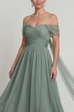 Off The Shoulder Chiffon A Line Dusty Sage Mother of the Bride Dress with Streamer