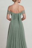 Off The Shoulder Chiffon A Line Dusty Sage Mother of the Bride Dress with Streamer
