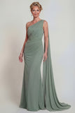 Dusty Sage Mermaid Chiffon One Shoulder Mother of the Bride Dress with Side Cape