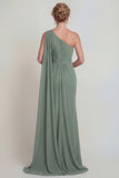 Dusty Sage Mermaid Chiffon One Shoulder Mother of the Bride Dress with Side Cape