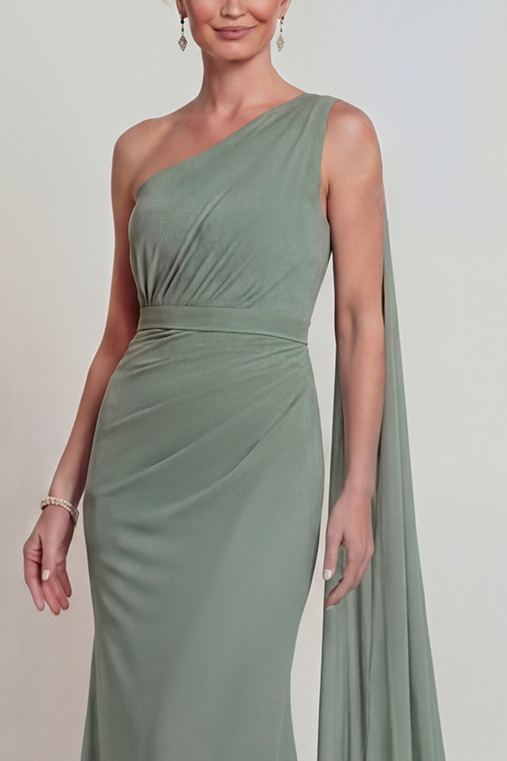 sage chiffon dress Dusty Sage Mermaid Chiffon One Shoulder Mother of the Bride Dress with Side Cape