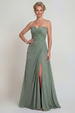 Dusty Sage Sweetheart A Line Ruched Chiffon Mother of the Bride Dress with Slit