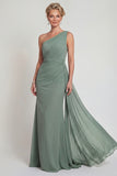 One Shoulder Sheath Dusty Sage Chiffon Mother of the Bride Dress with Cape