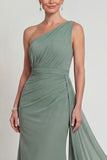 One Shoulder Sheath Dusty Sage Chiffon Mother of the Bride Dress with Cape