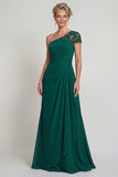 One Shoulder Dark Green Chiffon A Line Long Mother of the Bride Dress