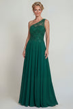 Dark Green A Line One Shoulder Long Chiffon Mother of the Bride Dress with Embroidery