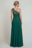 Dark Green A Line One Shoulder Long Chiffon Mother of the Bride Dress with Embroidery