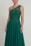 Dark Green A Line One Shoulder Long Chiffon Mother of the Bride Dress with Embroidery