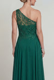 Dark Green A Line One Shoulder Long Chiffon Mother of the Bride Dress with Embroidery