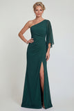 Dark Green Chiffon Mermaid One Shoulder Long Mother of the Bride Dress with Slit