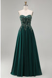 Dark Green Strapless A-Line Floral Beaded Long Formal Dress