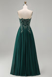 Dark Green Strapless A-Line Floral Beaded Long Formal Dress