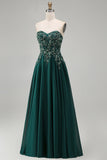 Dark Green Strapless A-Line Floral Beaded Long Formal Dress