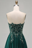 Dark Green Strapless A-Line Floral Beaded Long Formal Dress