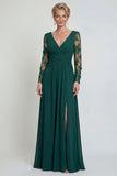 Dark Green A Line Long Sleeves Appliqued Mother of the Bride Dress with Slit