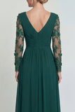 Dark Green A Line Long Sleeves Appliqued Mother of the Bride Dress with Slit
