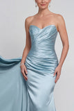 Blue Ruched Strapless Mermaid Long Satin Mother of the Bride Dress with Cape