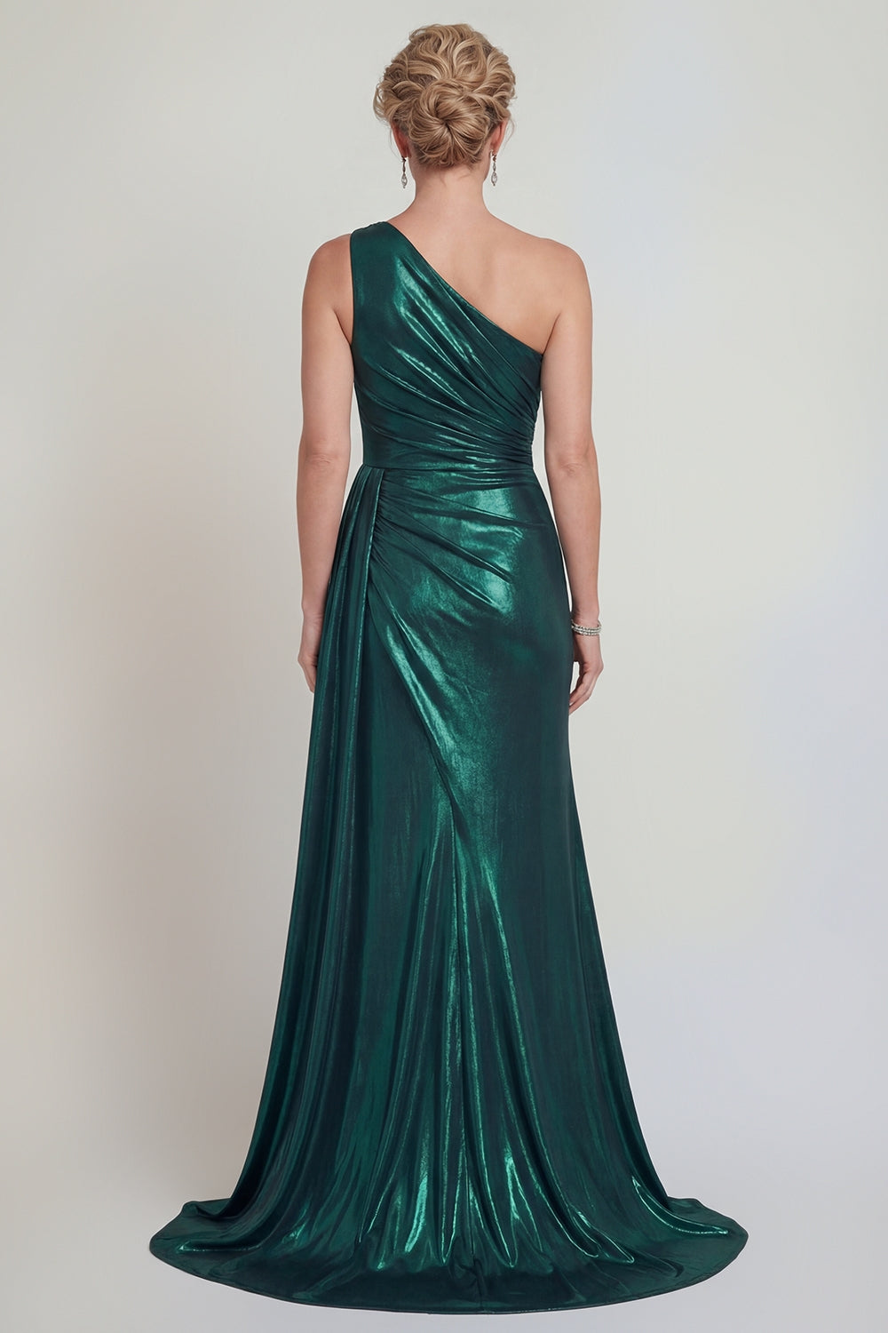 slim fit dress slacks Zapaka Women Dark Green Metallic Cocktail Dress One Shoulder Midi Mermaid Party Dress with Ruffles, Dark Green / US22W main image 0