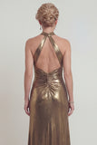 Halter Metallic Golden Sheath Open Back Mother of the Bride Dress with Slit