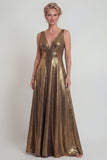 Golden A Line Metallic V Neck Long Mother of the Bride Dress