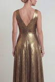 Golden A Line Metallic V Neck Long Mother of the Bride Dress