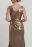 Golden Sheath Ruched Metallic Satin Mother of the Bride Dress with Slit