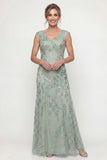 Green Embroidered A Line V Neck Long Mother of the Bride Dress with Sequins