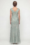 Green Embroidered A Line V Neck Long Mother of the Bride Dress with Sequins