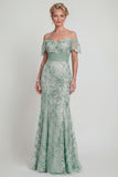 Off The Shoulder Green Mermaid Sequin Mother of the Bride Dress with Embroidery