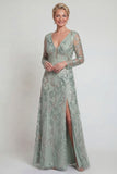 Green A Line Long Sleeves Sequin Mother of the Bride Dress with Slit