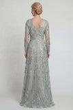 Green A Line Long Sleeves Sequin Mother of the Bride Dress with Slit