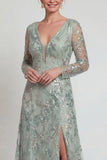 Green A Line Long Sleeves Sequin Mother of the Bride Dress with Slit