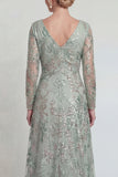 Green A Line Long Sleeves Sequin Mother of the Bride Dress with Slit