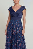 Navy Sequins A Line V Neck Long Mother of the Bride Dress with Cap Sleeves