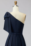One Shoulder Navy Sheath Sequins Bowed Mother of the Bride Dress with Cape
