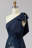 One Shoulder Navy Sheath Sequins Bowed Mother of the Bride Dress with Cape
