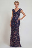 Sparkly Sheath Cap Sleeves Long Mother of the Bride Dress with Sequins