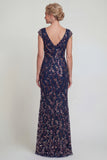Sparkly Sheath Cap Sleeves Long Mother of the Bride Dress with Sequins