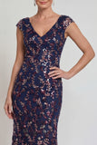 Sparkly Sheath Cap Sleeves Long Mother of the Bride Dress with Sequins